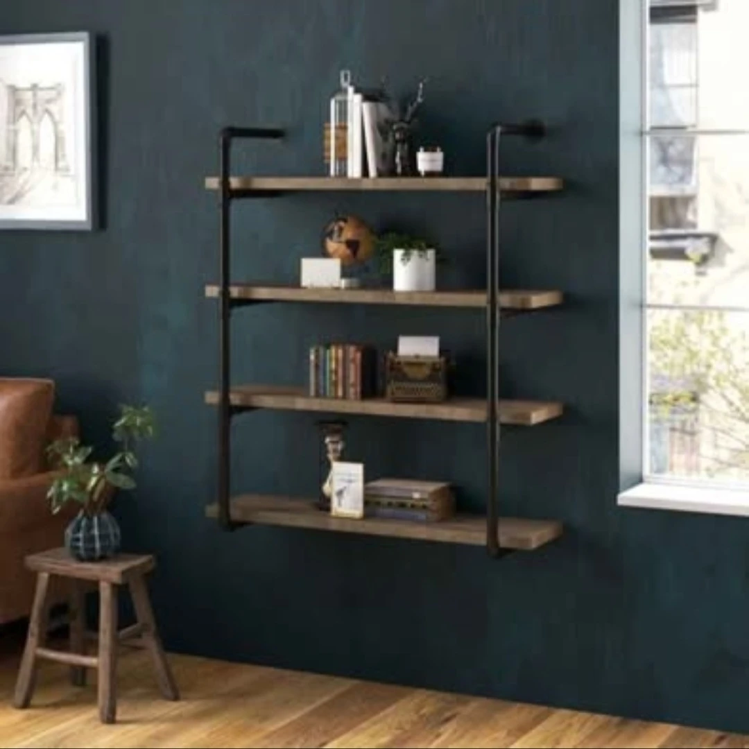 Industrial 4-Tier Wall-Mounted Pipe Shelving Unit