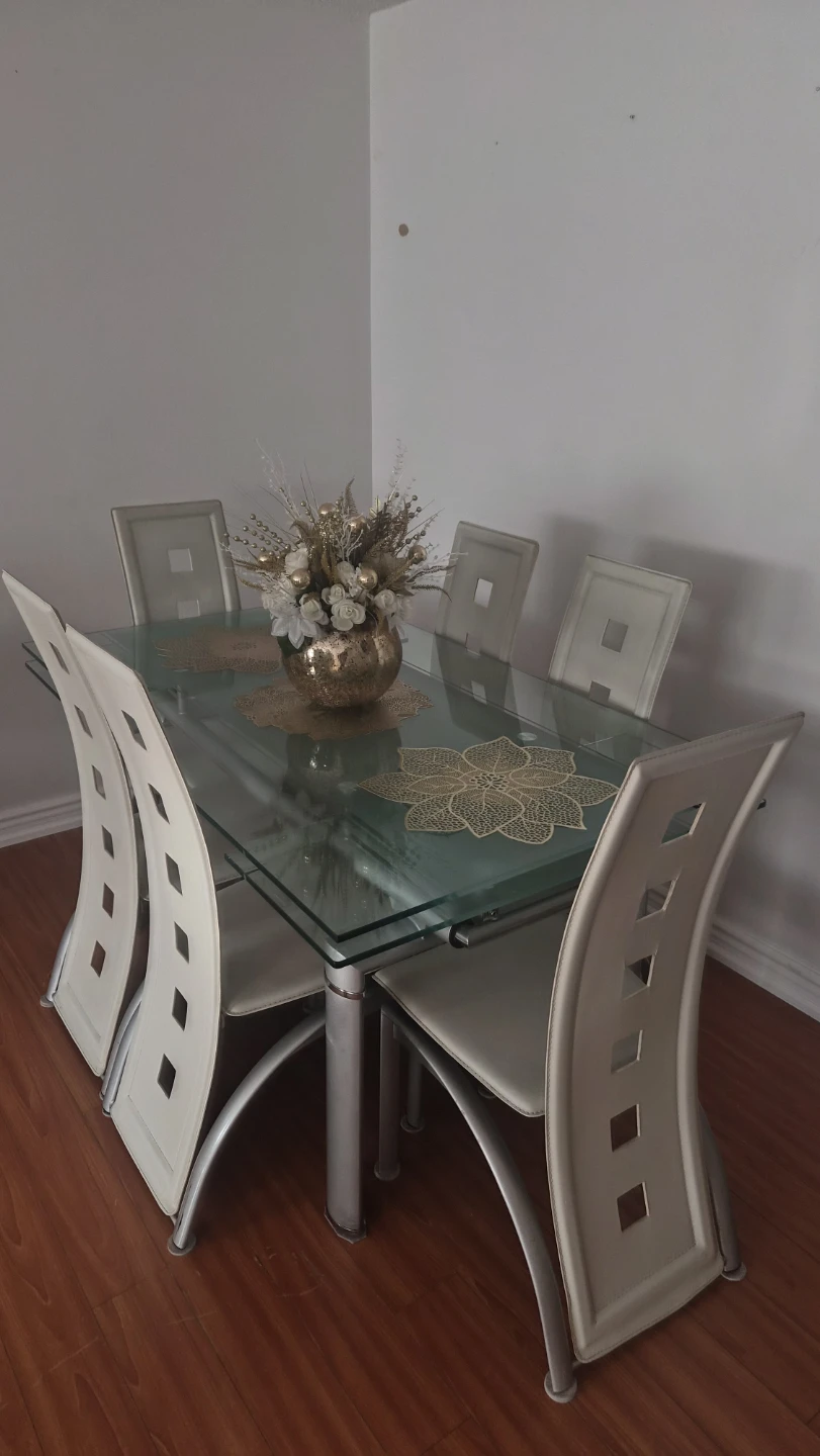 Glass Dining Table with 6 White Chairs