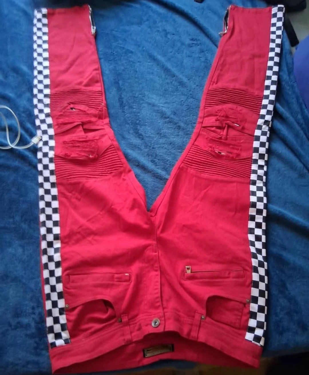 Red Distressed Moto Jeans with Checkerboard Side Stripe