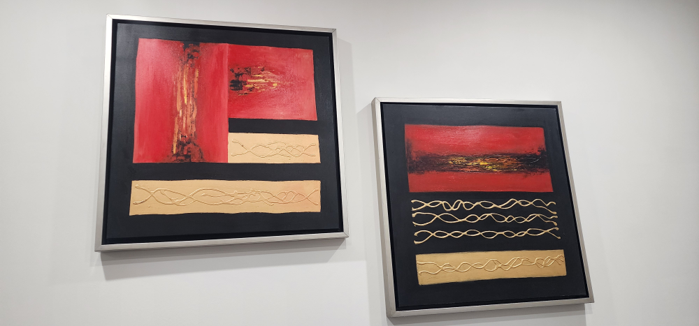 Set of two modern red and gold textured wall art