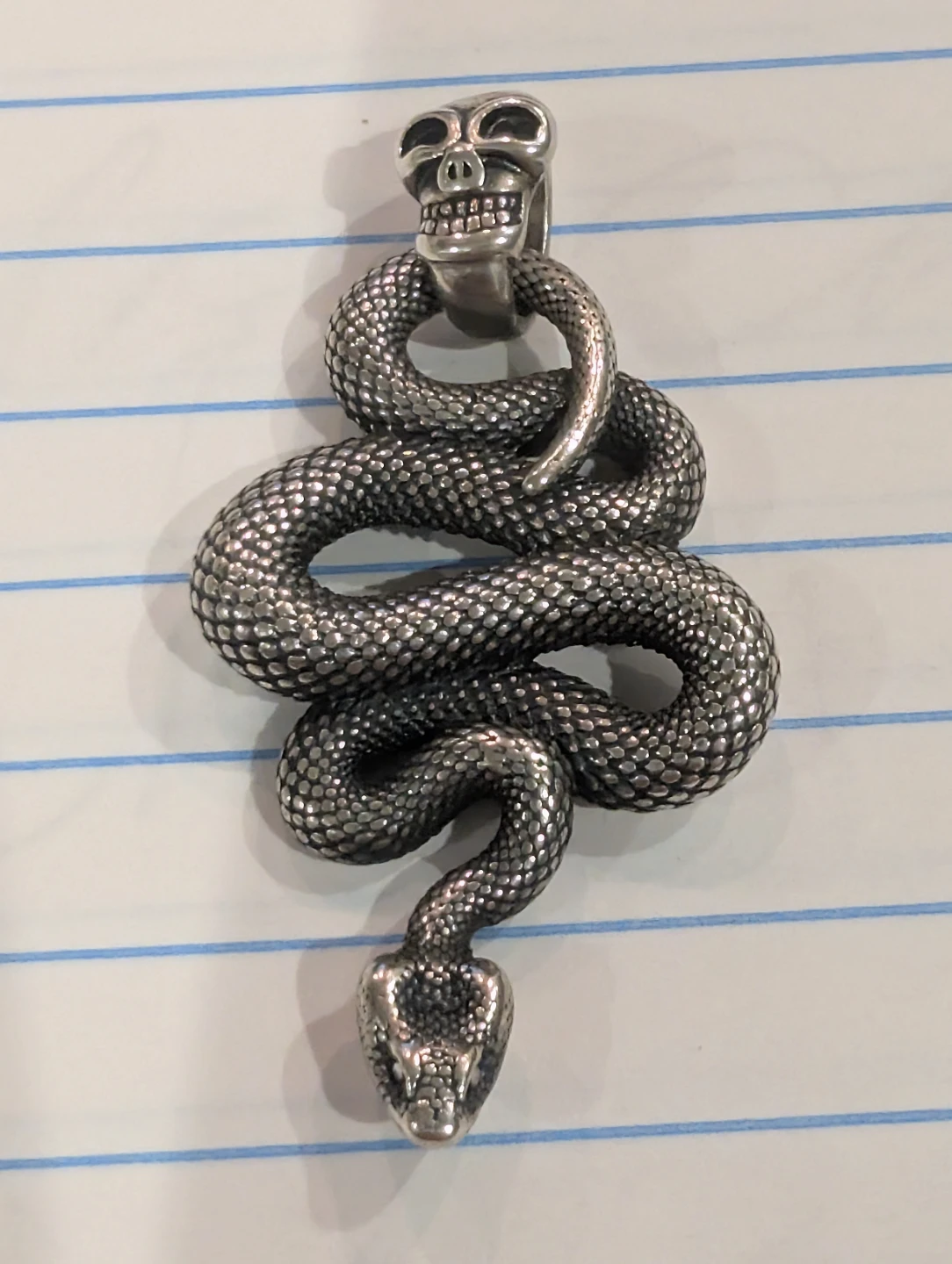 Solid Sterling Silver Large  Coiled Snake Pendant Skull Bail - photo 5