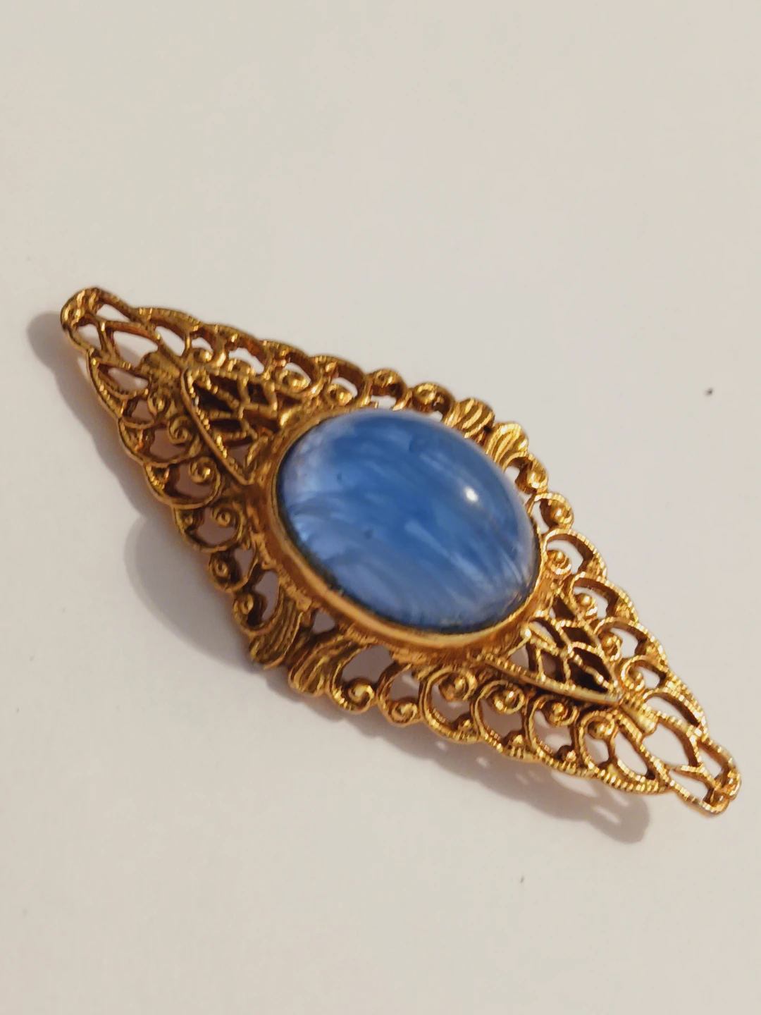 Gold Gilt Filigree Blue Swirling Gemstone Cabochon Brooch