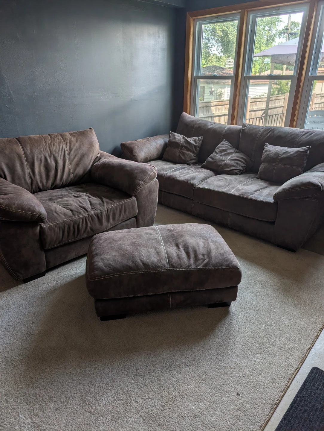 Brown Suede Living Room Sofa Set with Ottoman