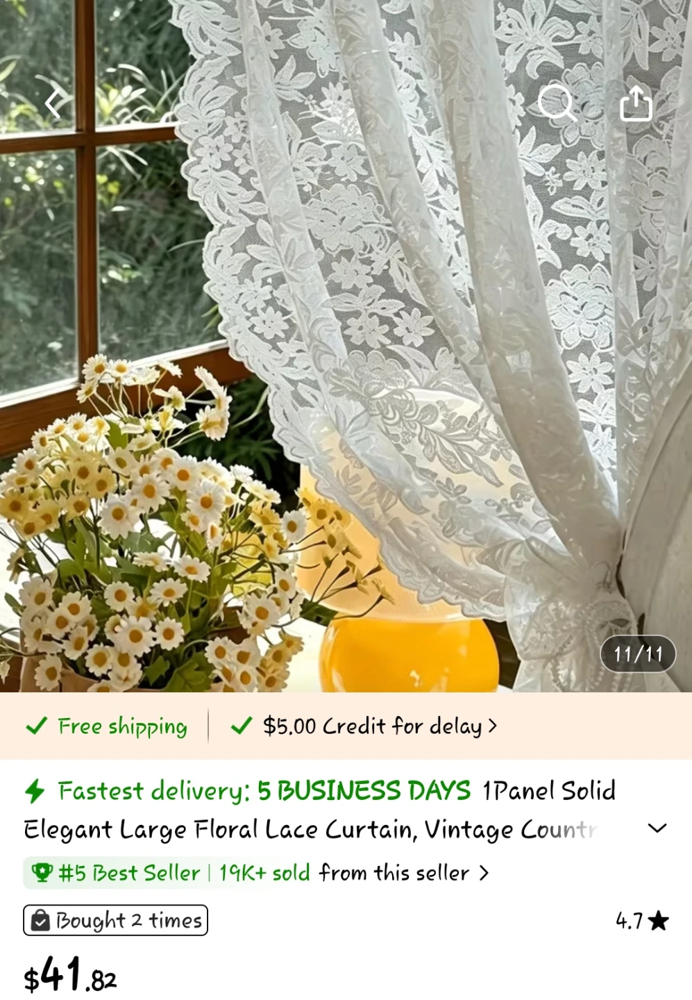 Vintage Style Floral Lace Curtain Panel