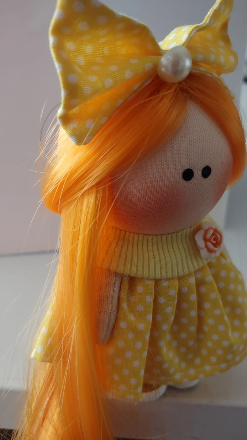 Handcrafted  mini cloth doll with yellow polka dot dress - photo 2