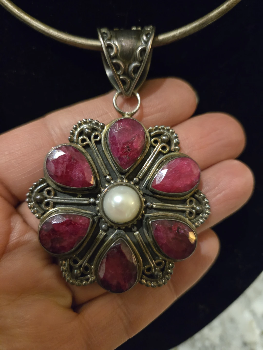 Vintage Sterling Silver Necklace with Burmise  Ruby and Pearl - photo 3