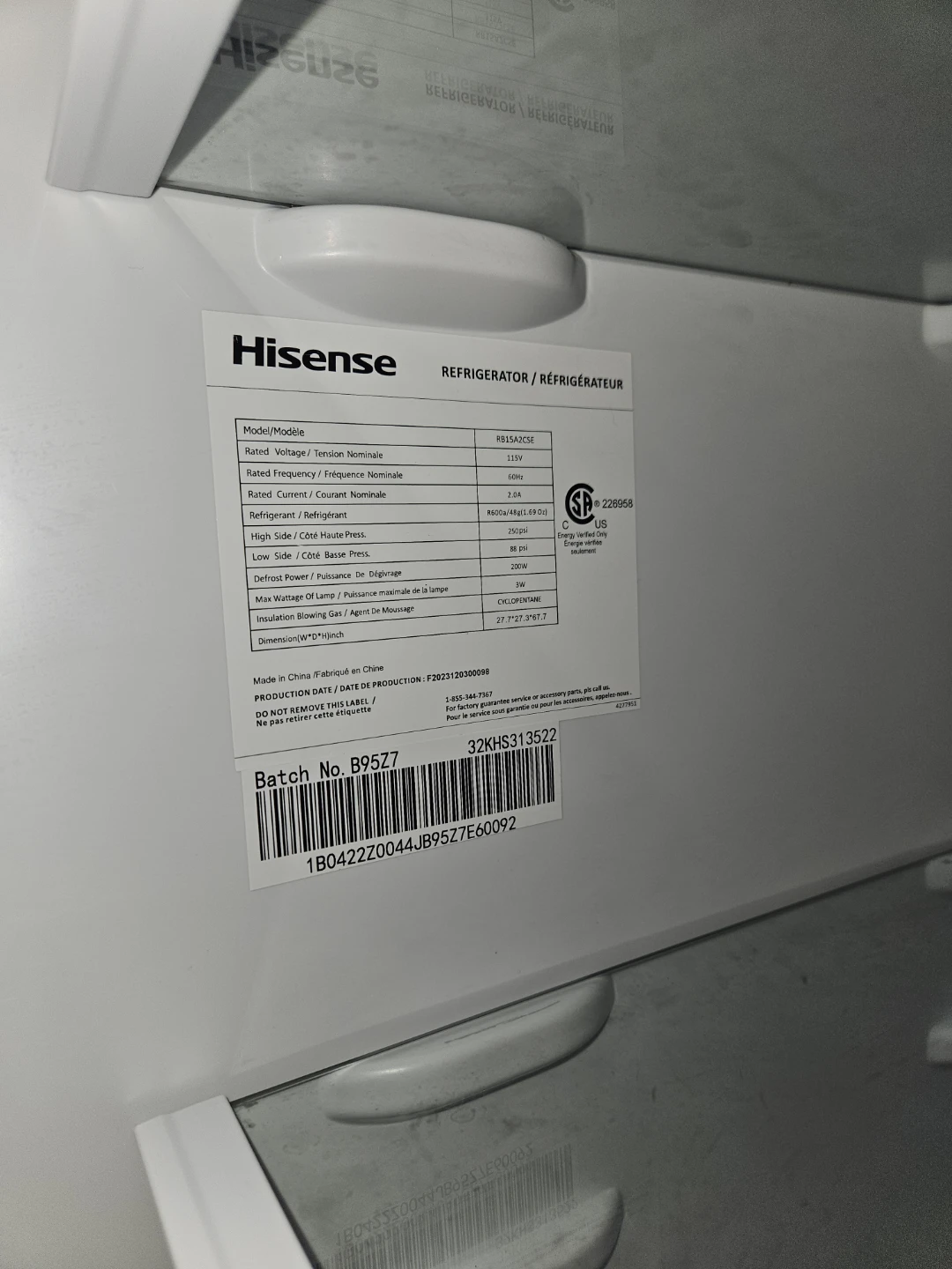 Hisense Refrigerator RB15A2CSE