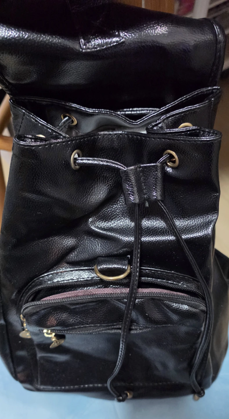 Black Faux Leather Drawstring Backpack 12 x 9 x 5 - photo 5