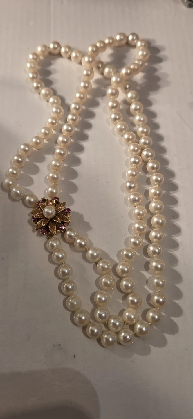 14K Gold Double Strand Pearl Necklace with Ruby Accent