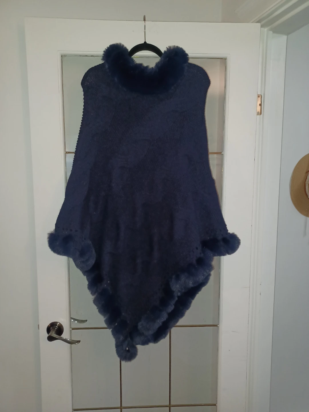 Navy Blue Cable Knit Poncho with Faux Fur Trim