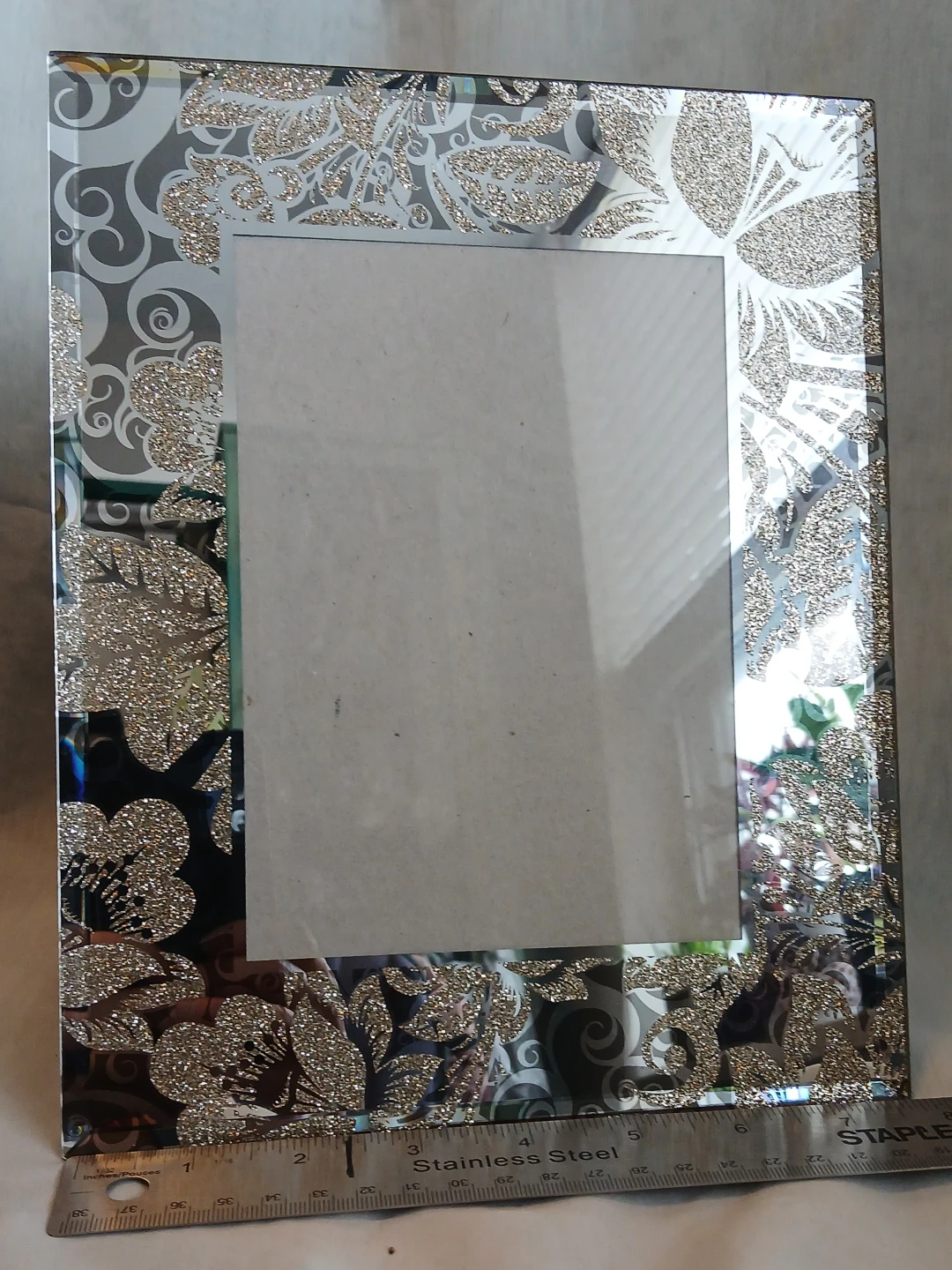 Decorative Mirrored Photo Frame with Glitter Floral Detail