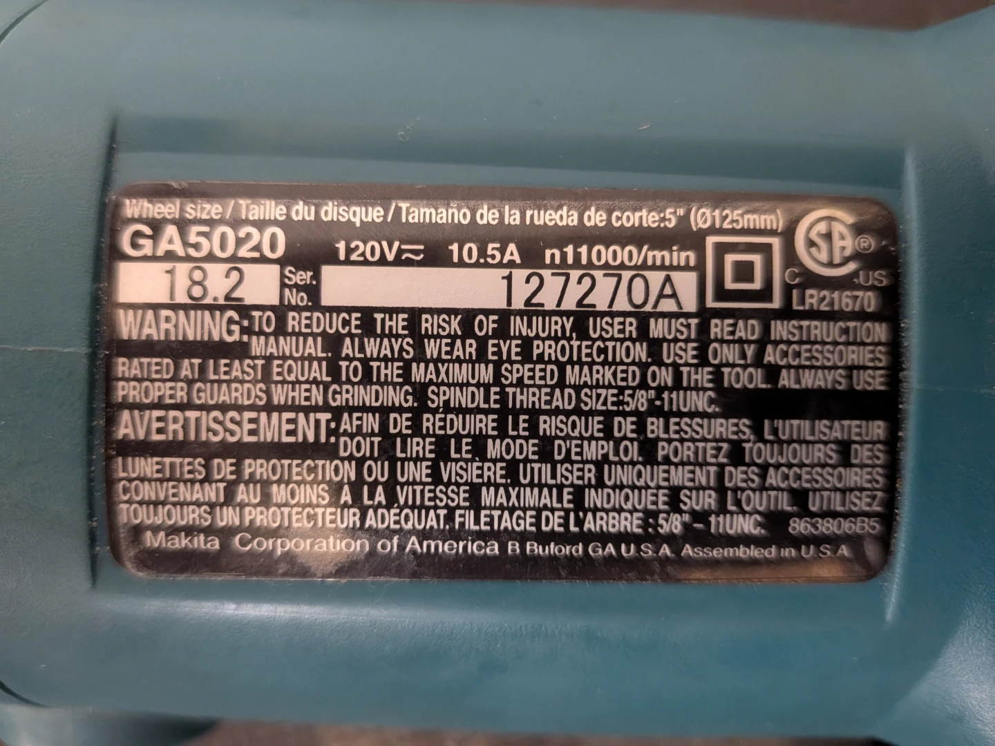 Makita 5-In 10.5A Angle Grinder w/ Brake - photo 4