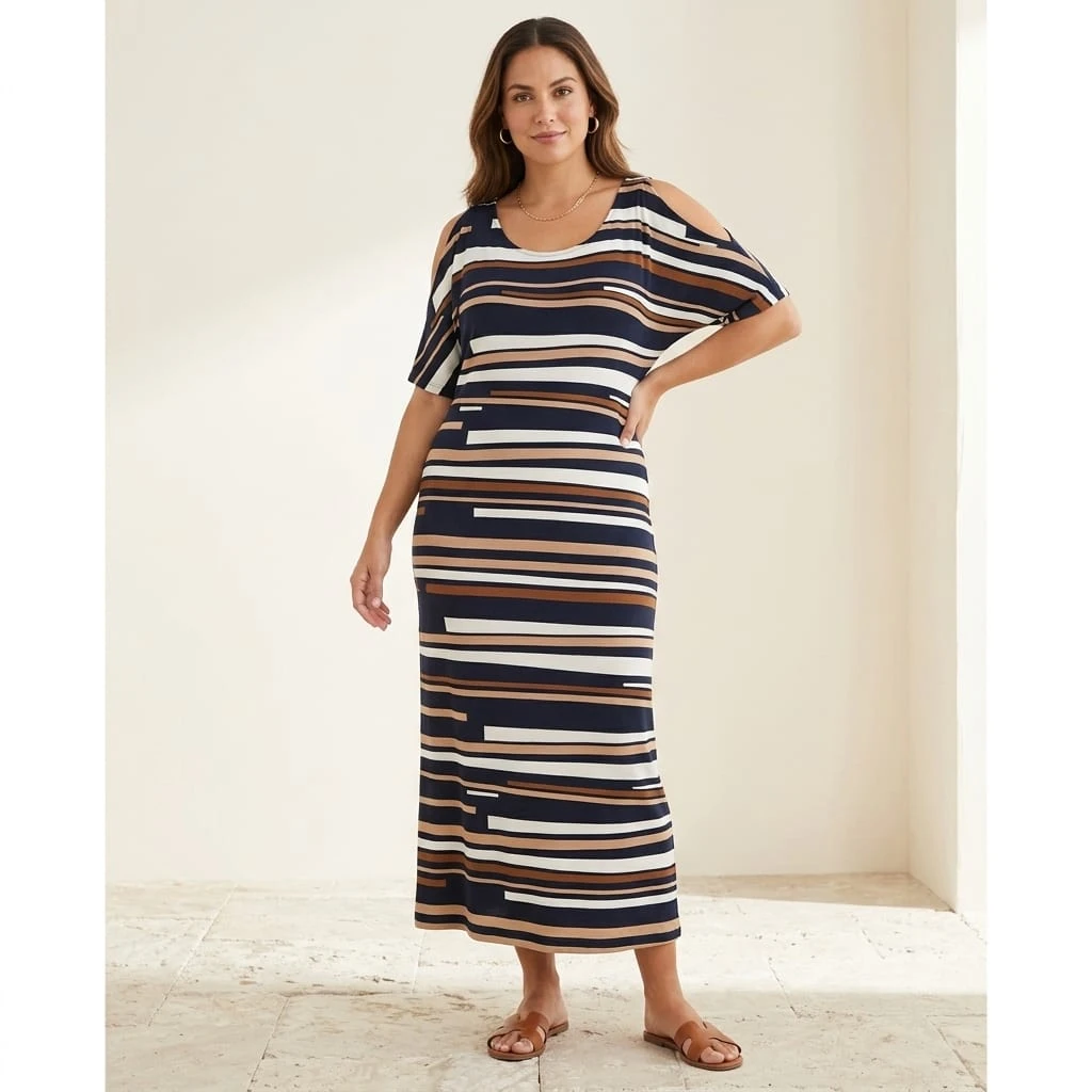 Travelers by Chico's Striped Cold-Shoulder Maxi Dress