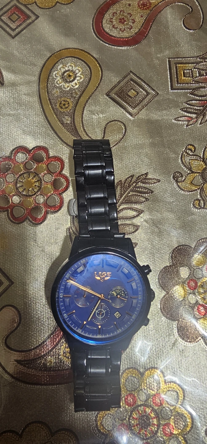 LIGE Men's Black Stainless Steel Watch