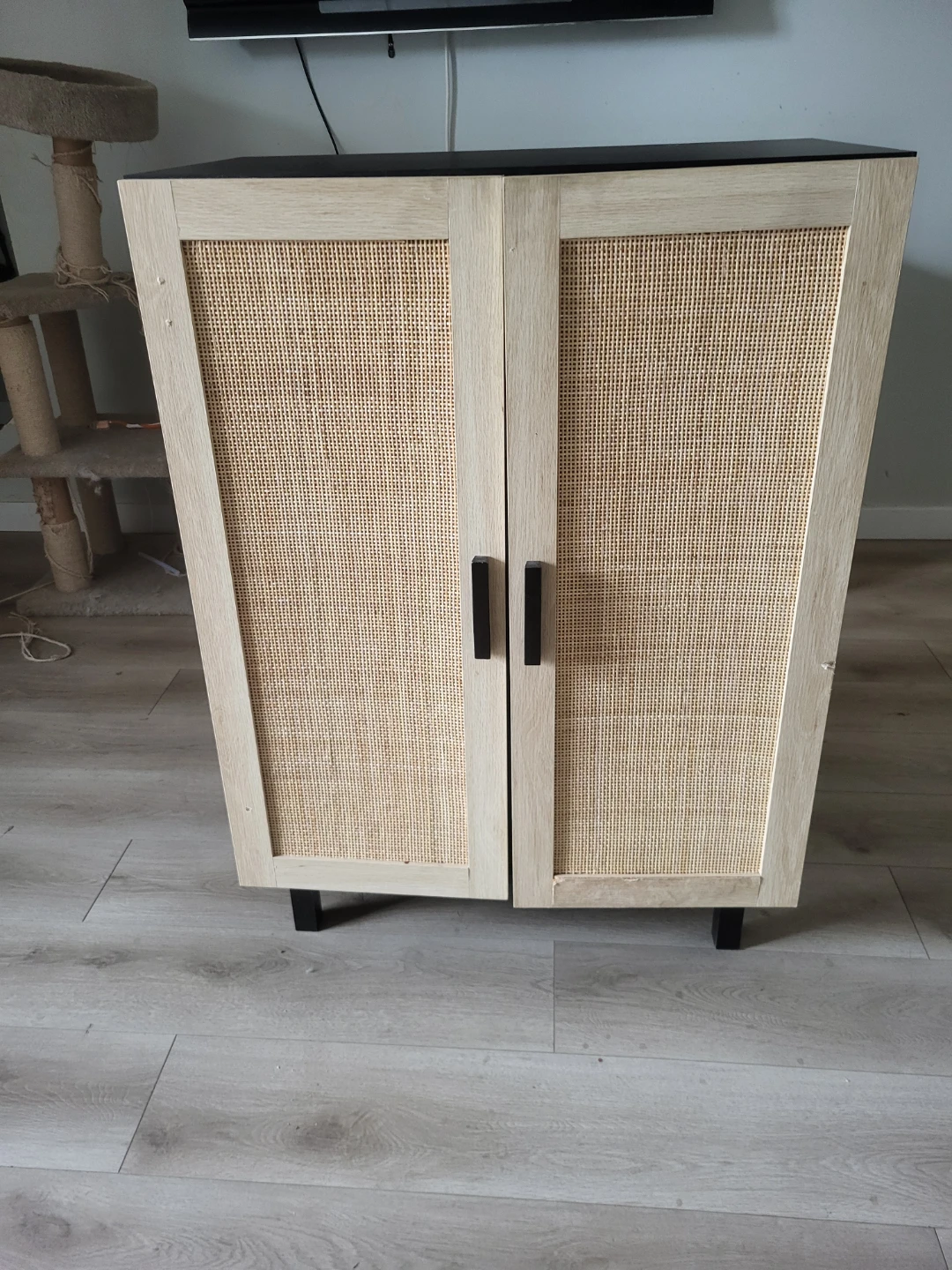 Rattan and Black Storage Cabinet