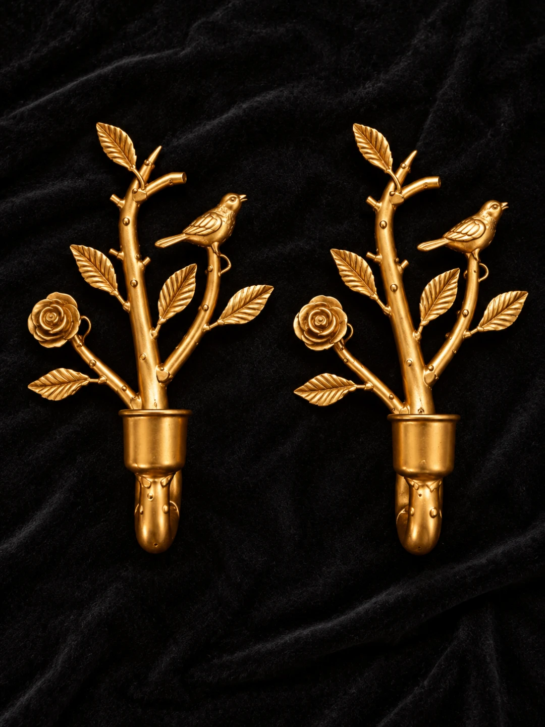 Set of 2 Gold Floral and Bird Branch Wall Candle Holders - photo 3