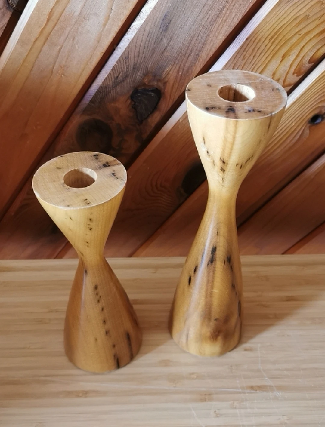 Vintage MCM Turned Wood Candle Holders Set Scandinavian Style - photo 2