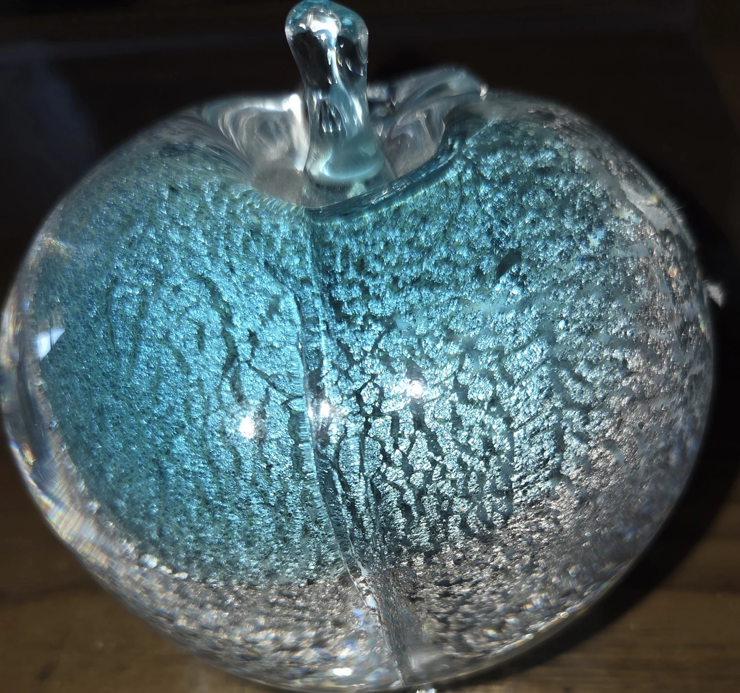 Murano style Blue and Silver Glass Apple Paperweight