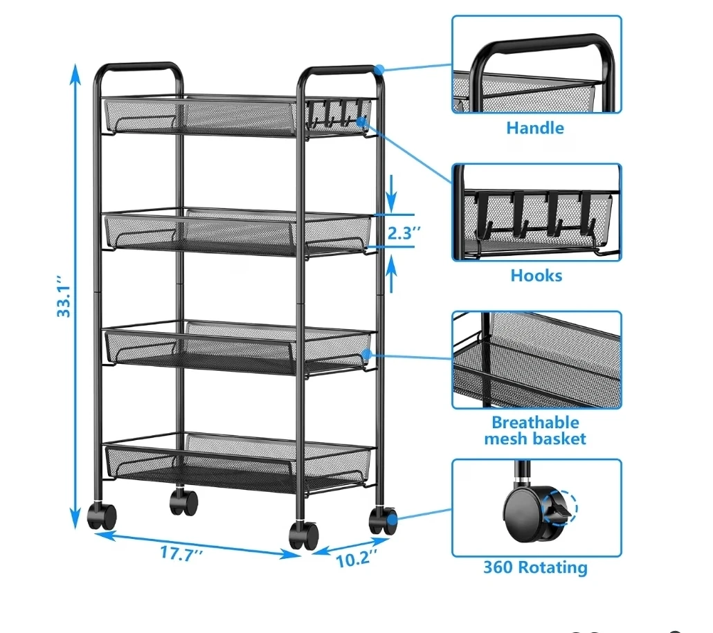 OVICAR 4-Tier Mesh Rolling Storage Cart - photo 4
