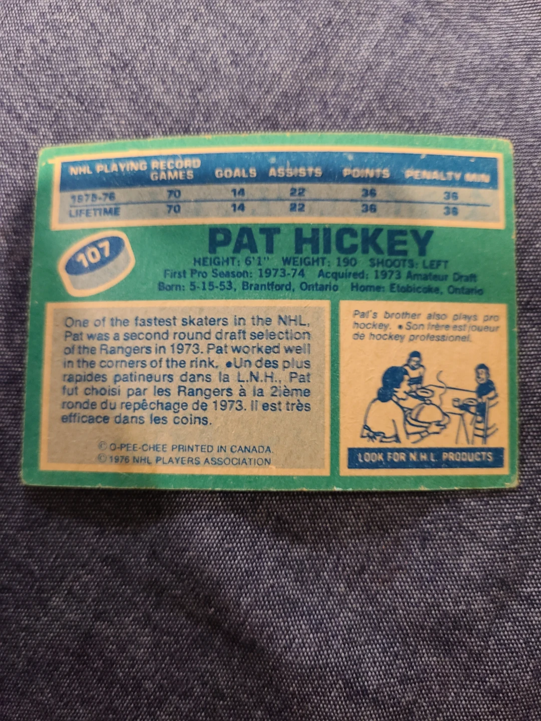 1976-77 O-Pee-Chee Pat Hickey NY Rangers Hockey Card - photo 2