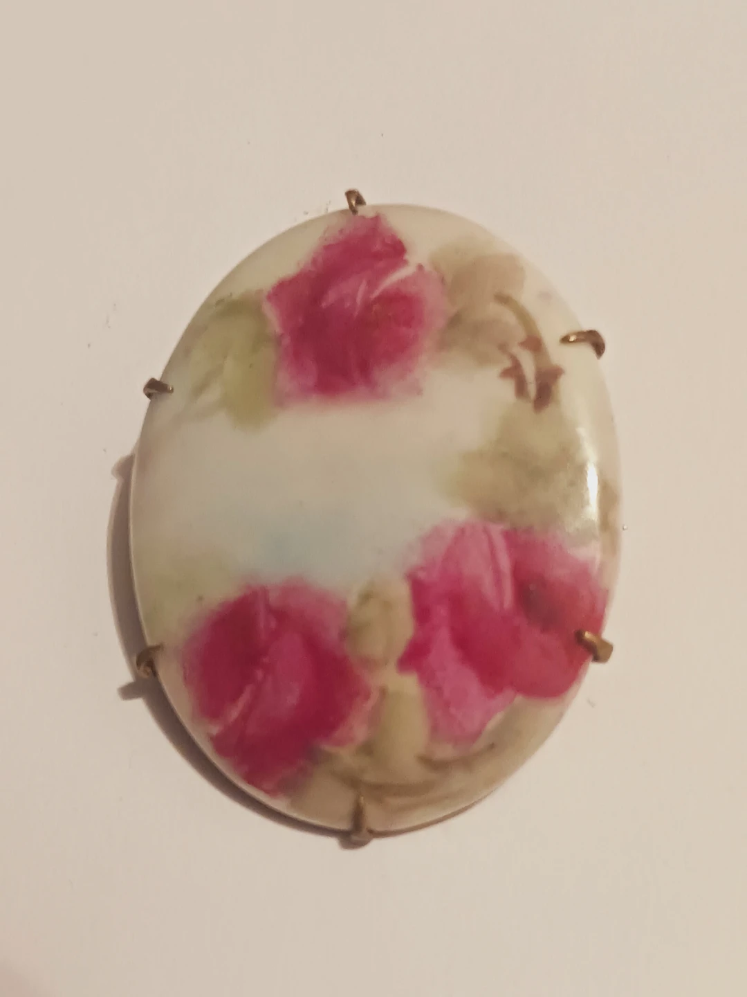Old Vintage Handpainted Pink Roses Porcelain Brooch