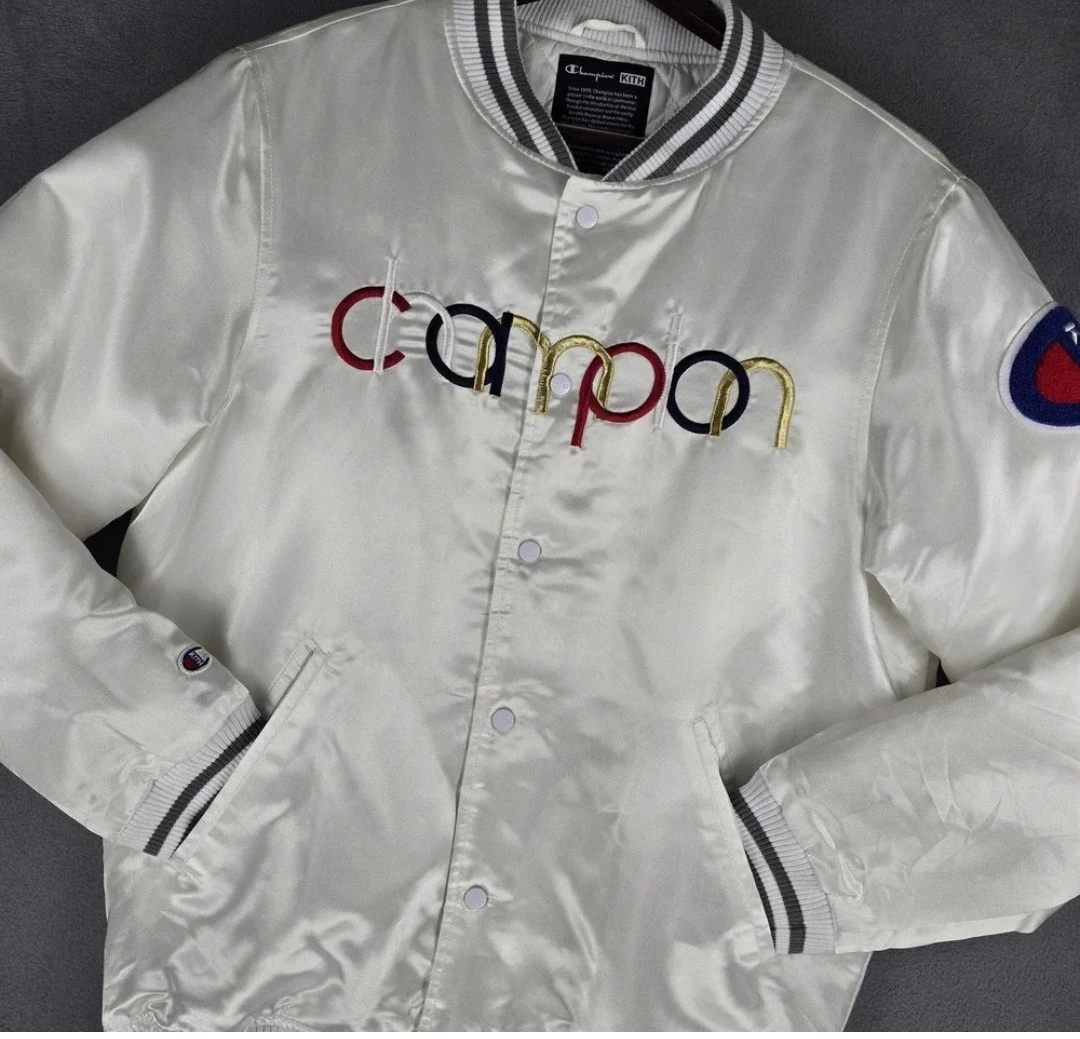 Champion Kith mens White Satin Varsity Jacket size medium