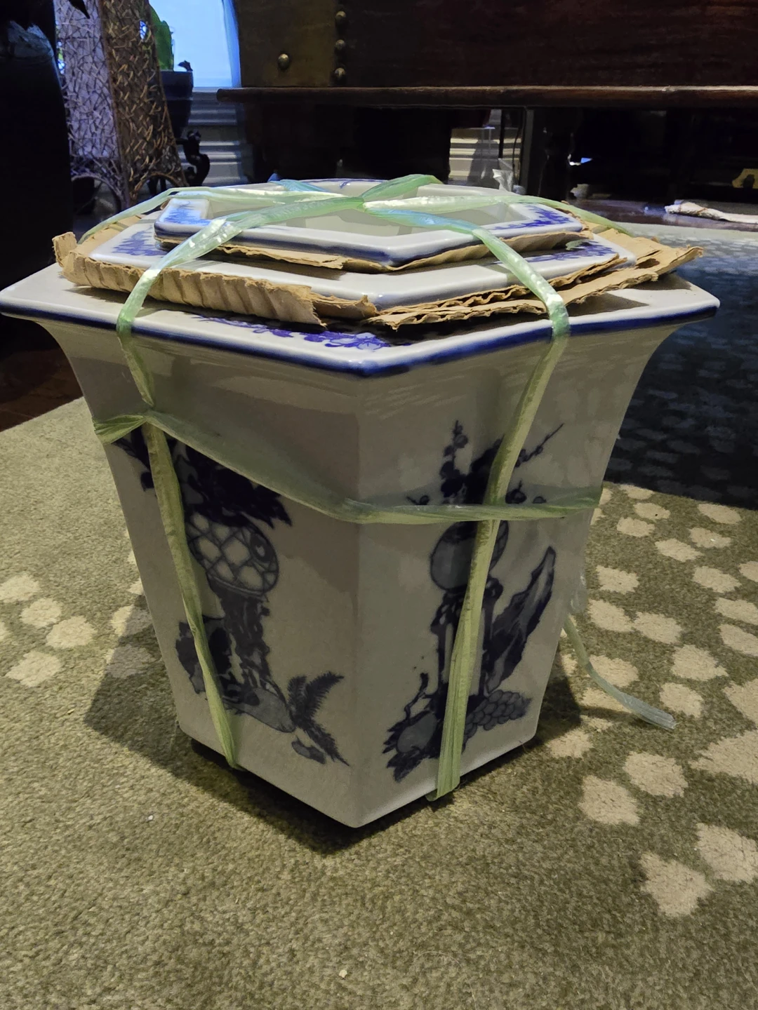 Blue and White Ceramic Hexagonal Planter
