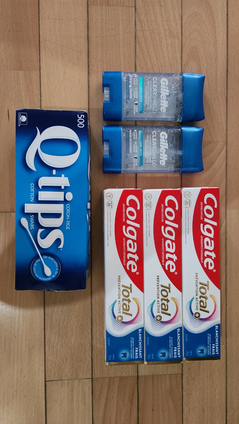 Toiletries Bundle: Q-tips, Gillette Deodorant, Colgate