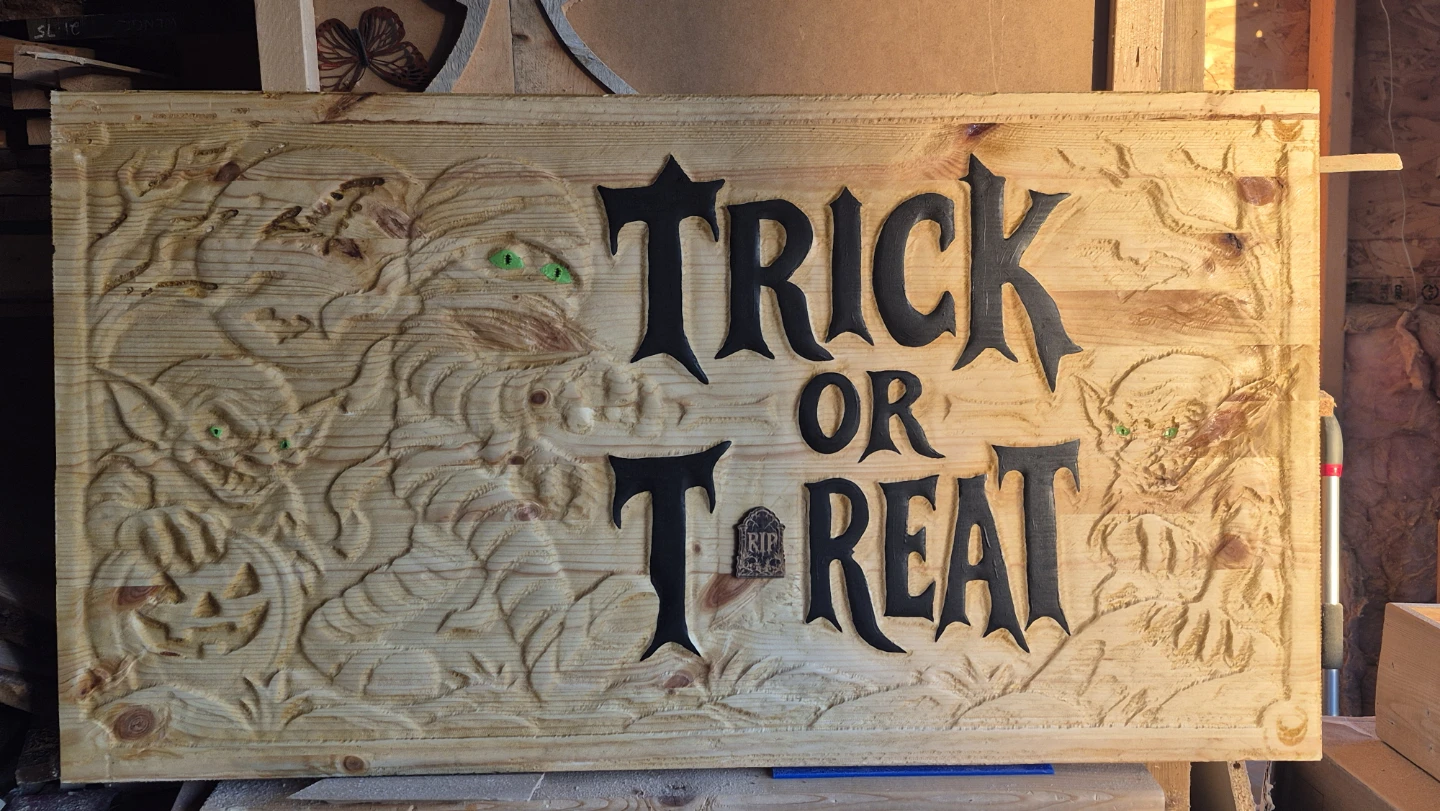 Carved Wooden Halloween Trick or Treat Sign