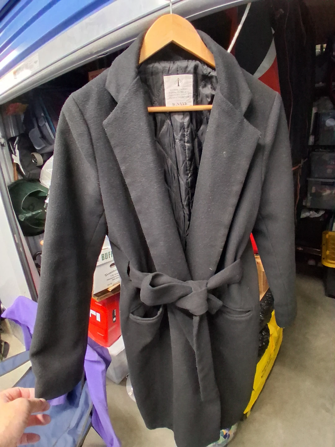 W.NAVY Black Wool-Blend Tie-Waist Coat