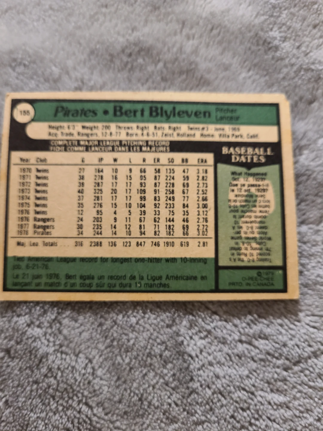 1979 O-Pee-Chee Bert Blyleven Pirates Baseball Card - photo 2