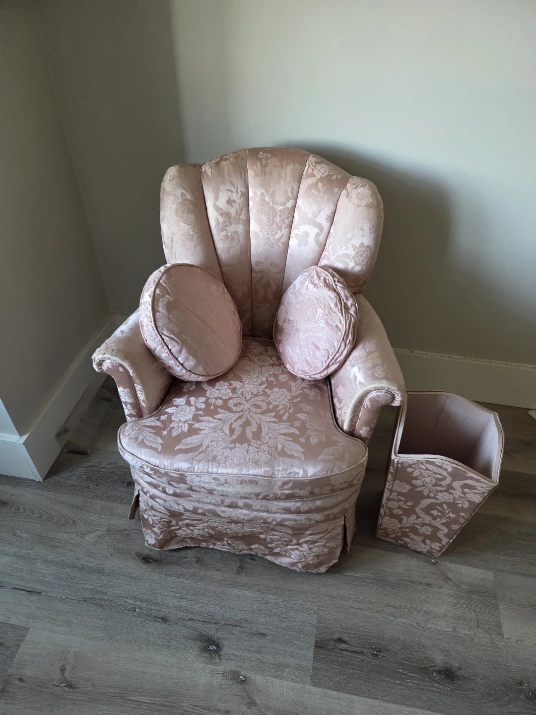 Vintage Pink Floral Armchair with Matching Bin