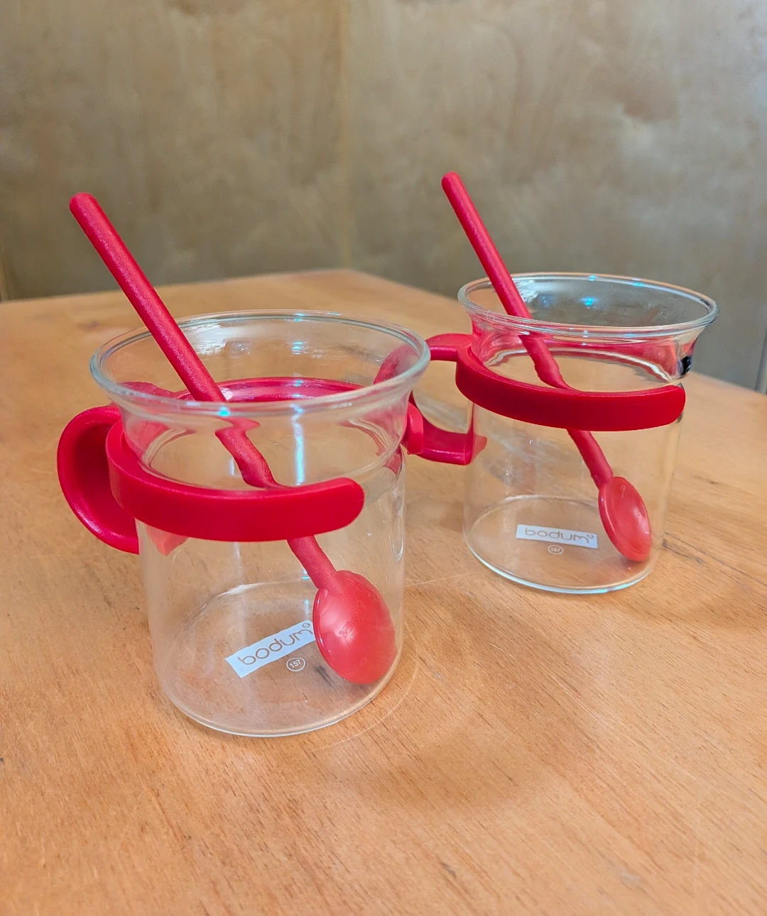 Vintage Bodum Bistro Glass Mugs w Red Plastic Handles