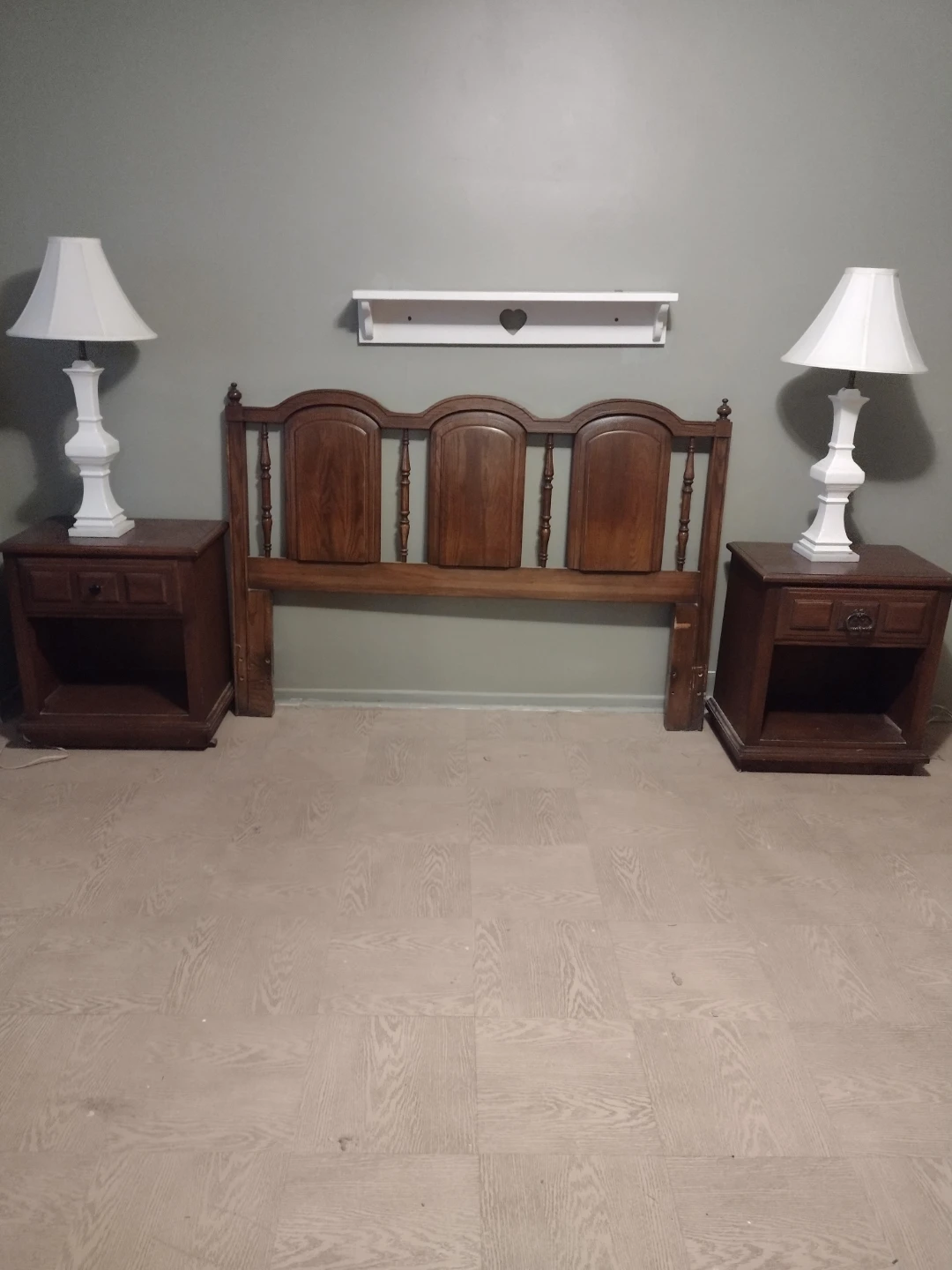 Wooden Headboard and Two Matching Nightstands