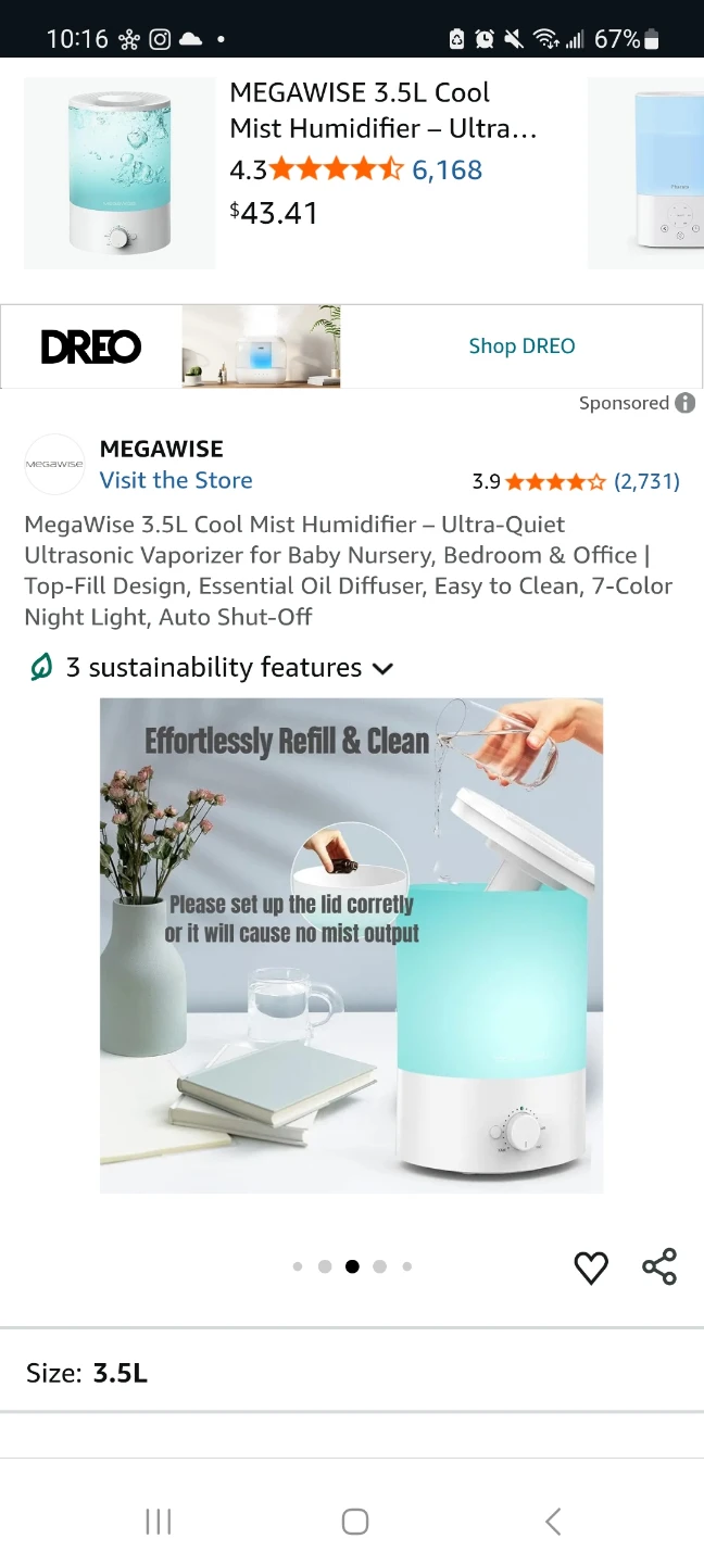 Like new Megawise 3.5L Cool Mist Humidifier Model SK7620