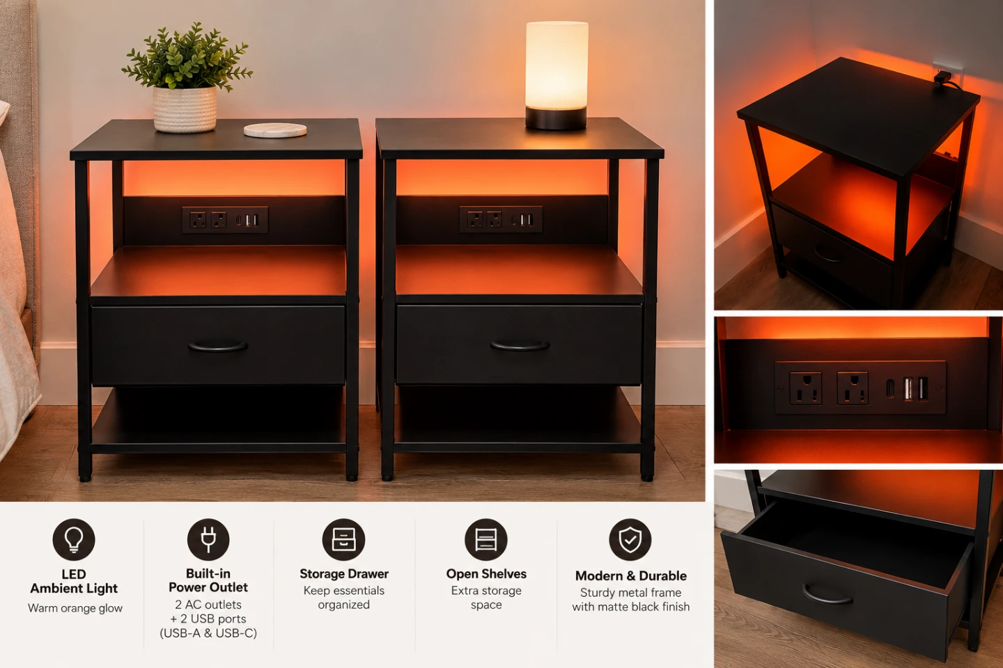 Set of 2 Bedside Nightstands with LED Lights and Power Outlets