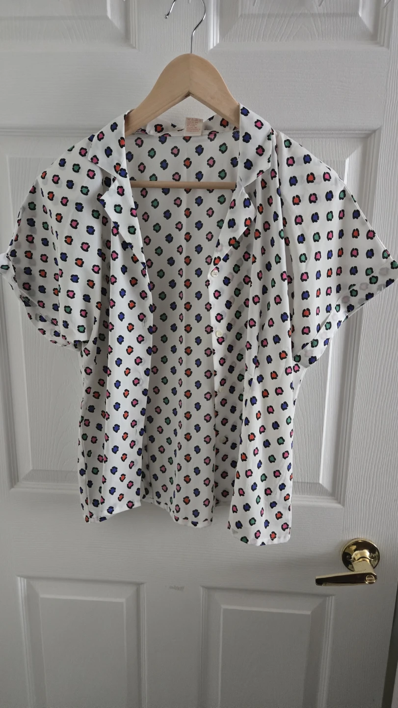 White Short Sleeve Blouse with Multi-Colour Print