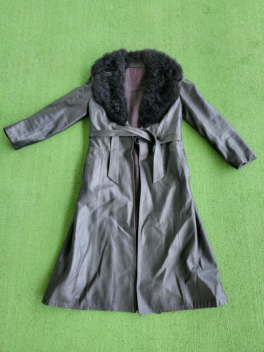 Black leather Trench Coat with REAL FUR Collar