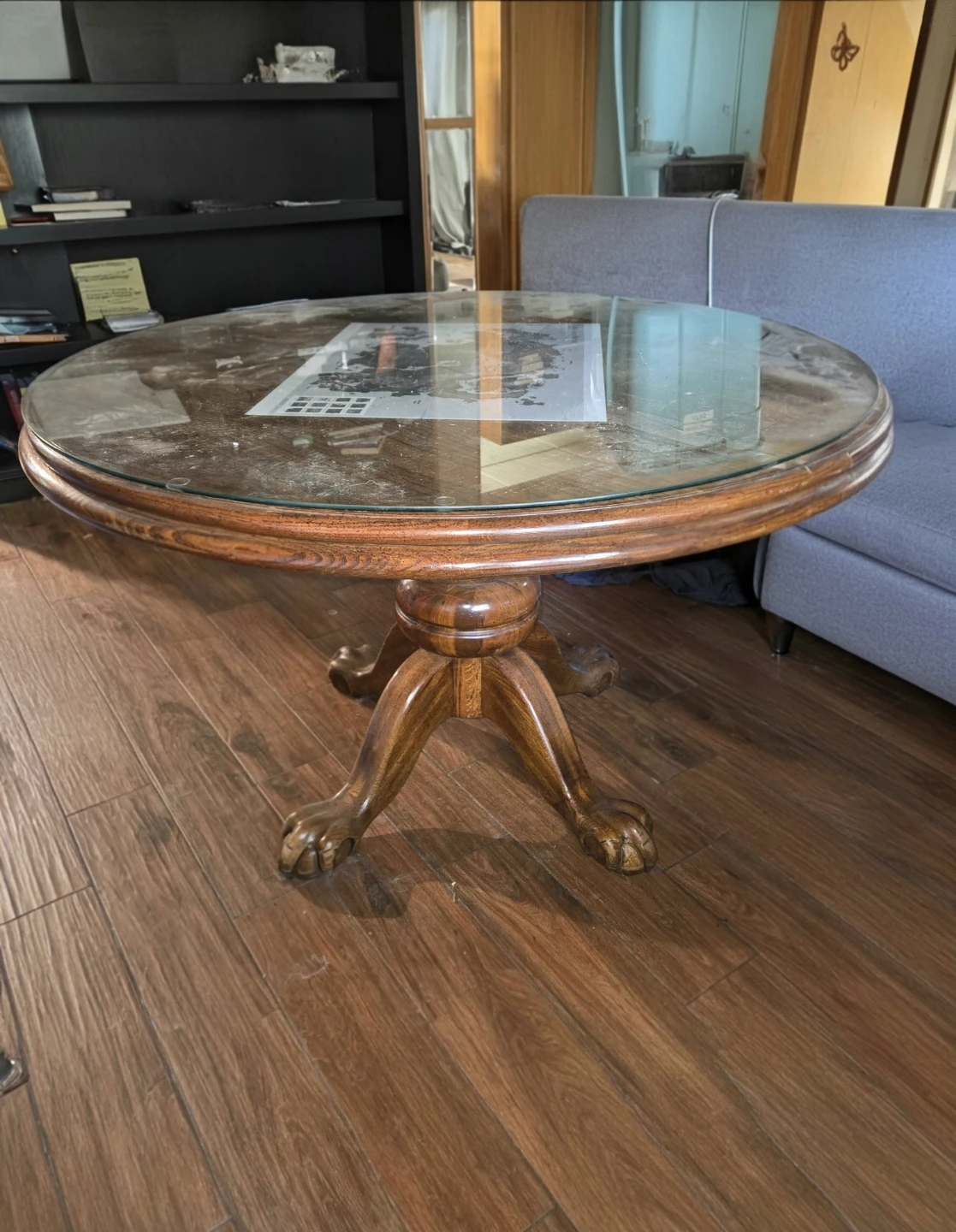 54in Oak Round Glass Covered Table
