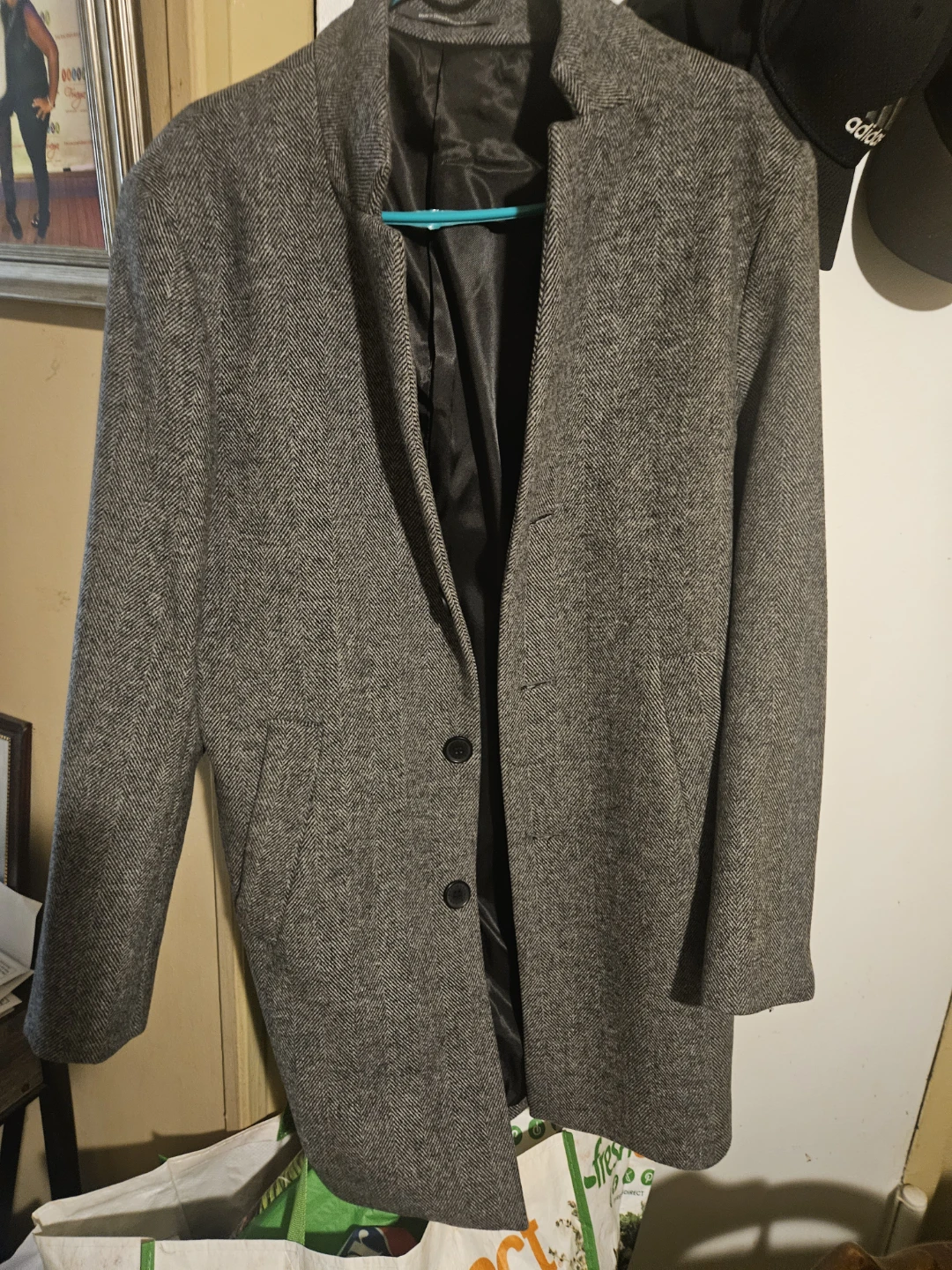 H&M Men's Gray Herringbone Wool Blend Overcoat