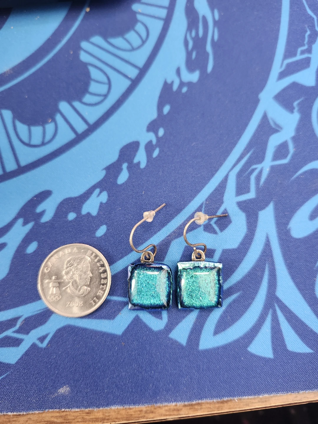 Blue dichroic glass square drop earrings
