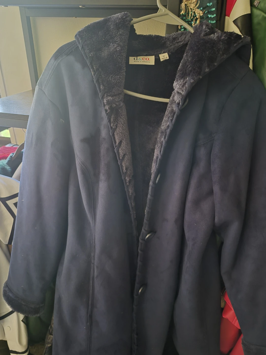 d&co. Women's Faux Suede Hooded Coat Navy XL