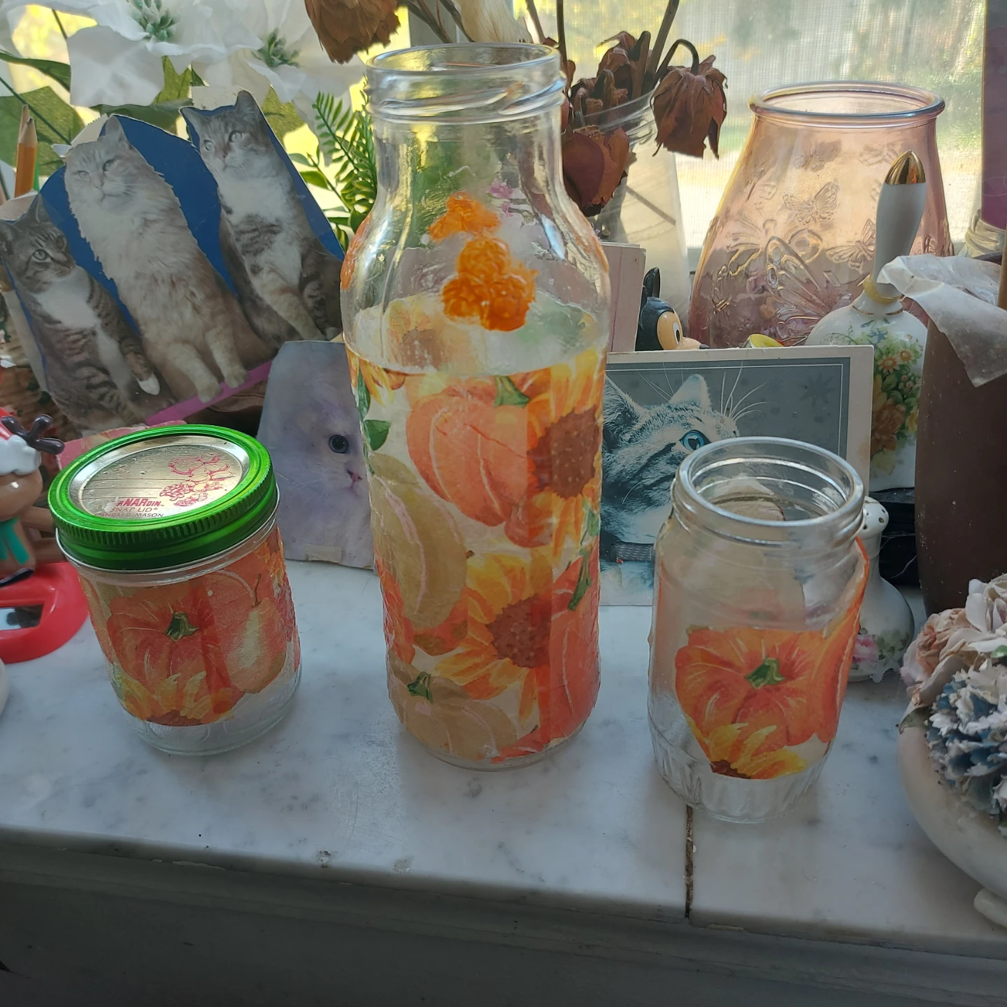 Set of 3 Decoupaged Fall Theme Glass Jars