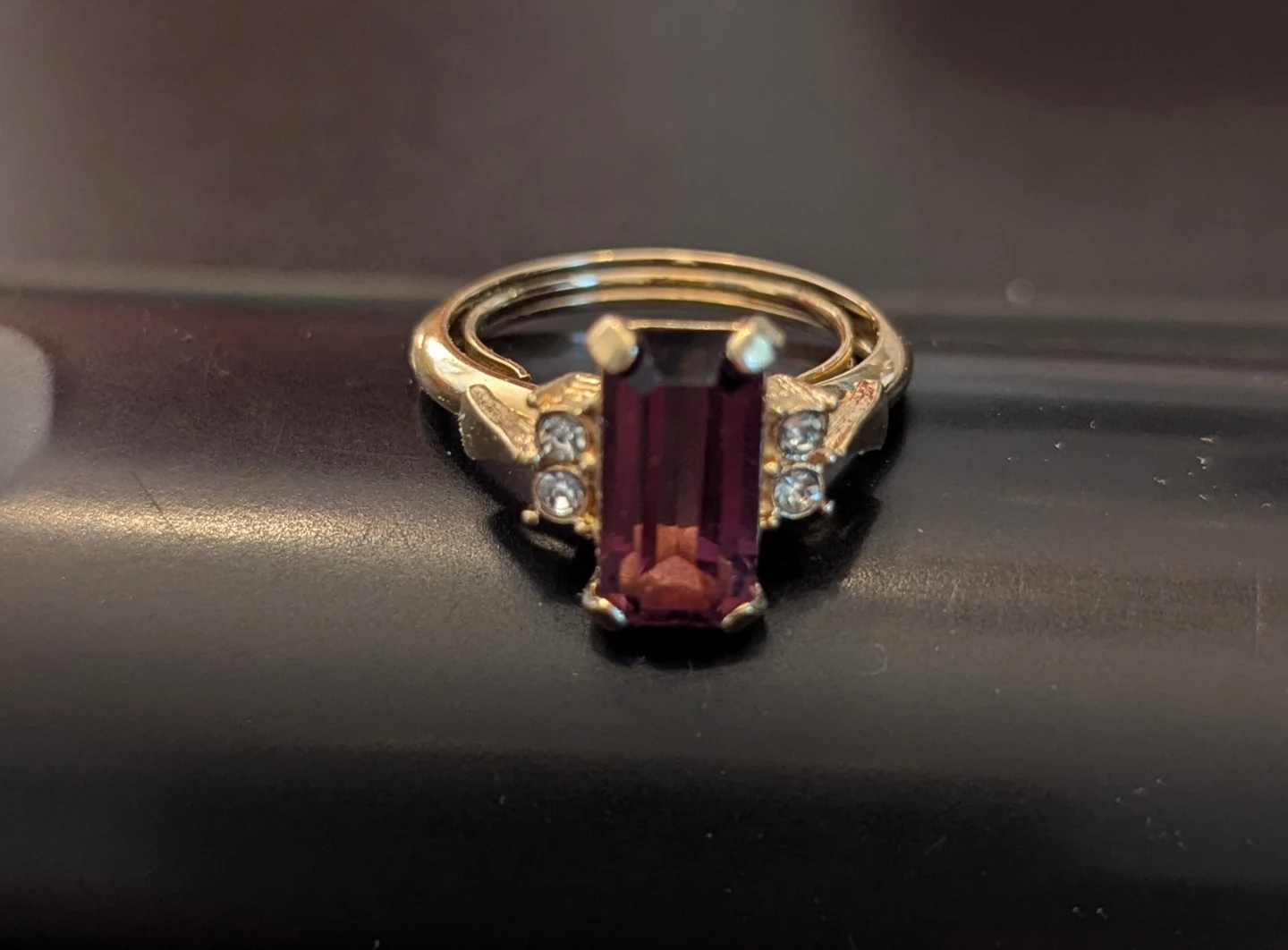Gold Tone Emerald Cut Faux Amethyst Ring