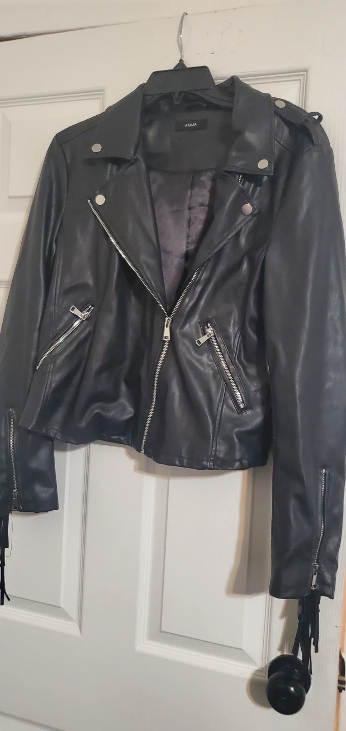 AQUA Black Faux Leather Fringed Jacket