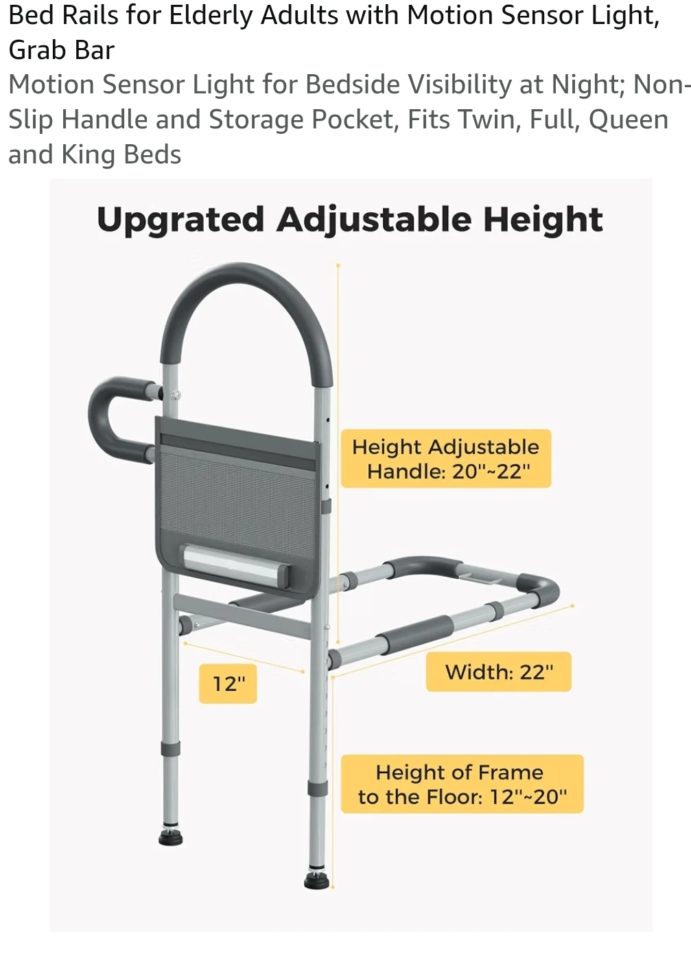 JIVAJOT Bed Rails for Elderly with Motion Sensor Light