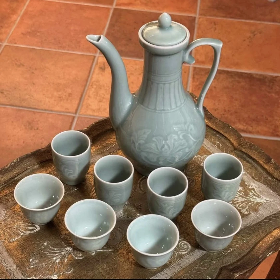 Celadon Tea Set with Pot and Eight Cups