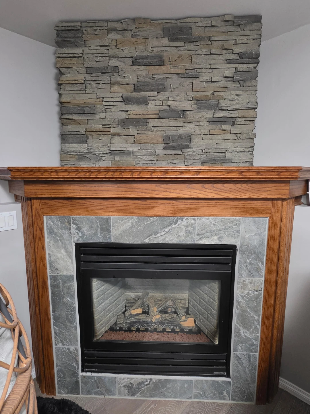 Oak and Tile Gas Fireplace