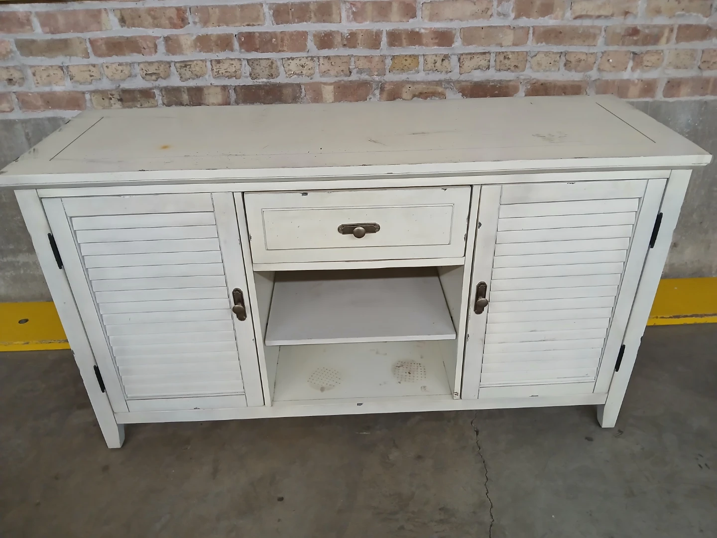 White wooden storage console Louvered Credenza