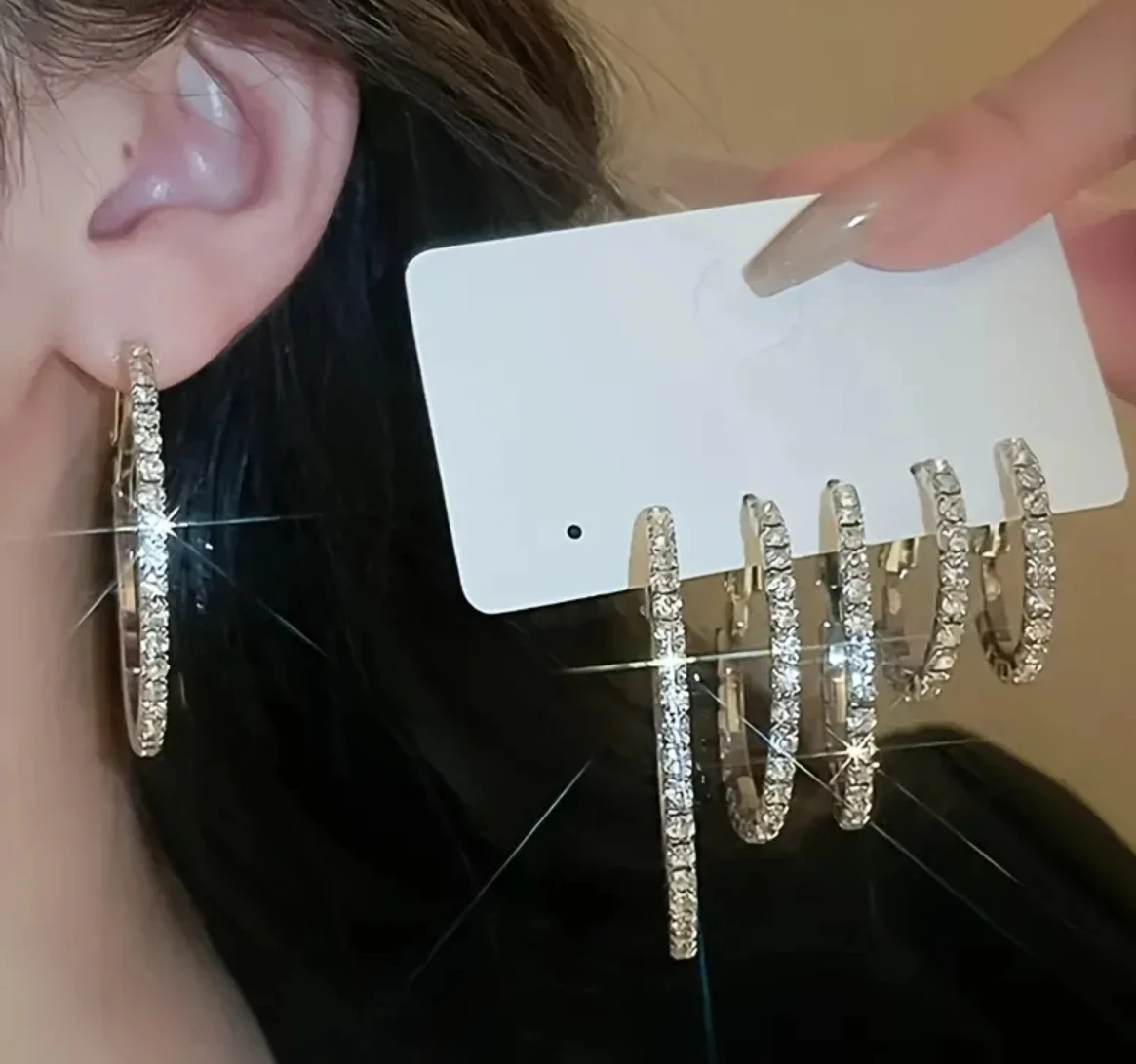 Set of 3 Crystal Hoop Earrings golden & silver colors available - photo 5